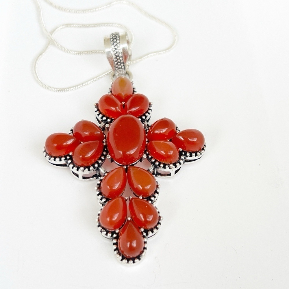 925 Sterling Silver Carnelian Cross Necklace Gemstone Womens Jewelry handmade